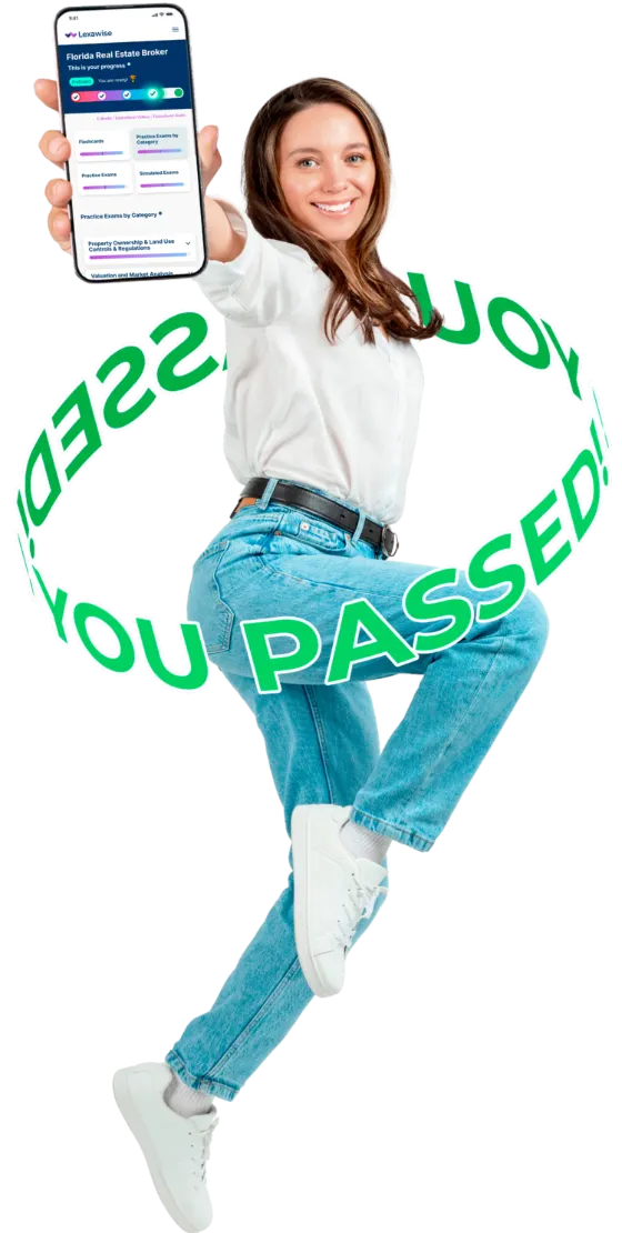 Woman jumping joyfully after passing her real estate practice exam