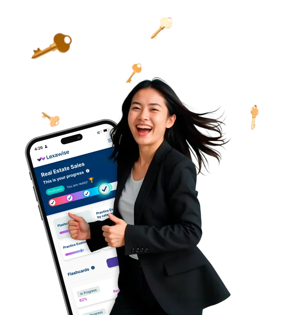 Professional reviewing real estate exam preparation materials on a tablet against a modern abstract background