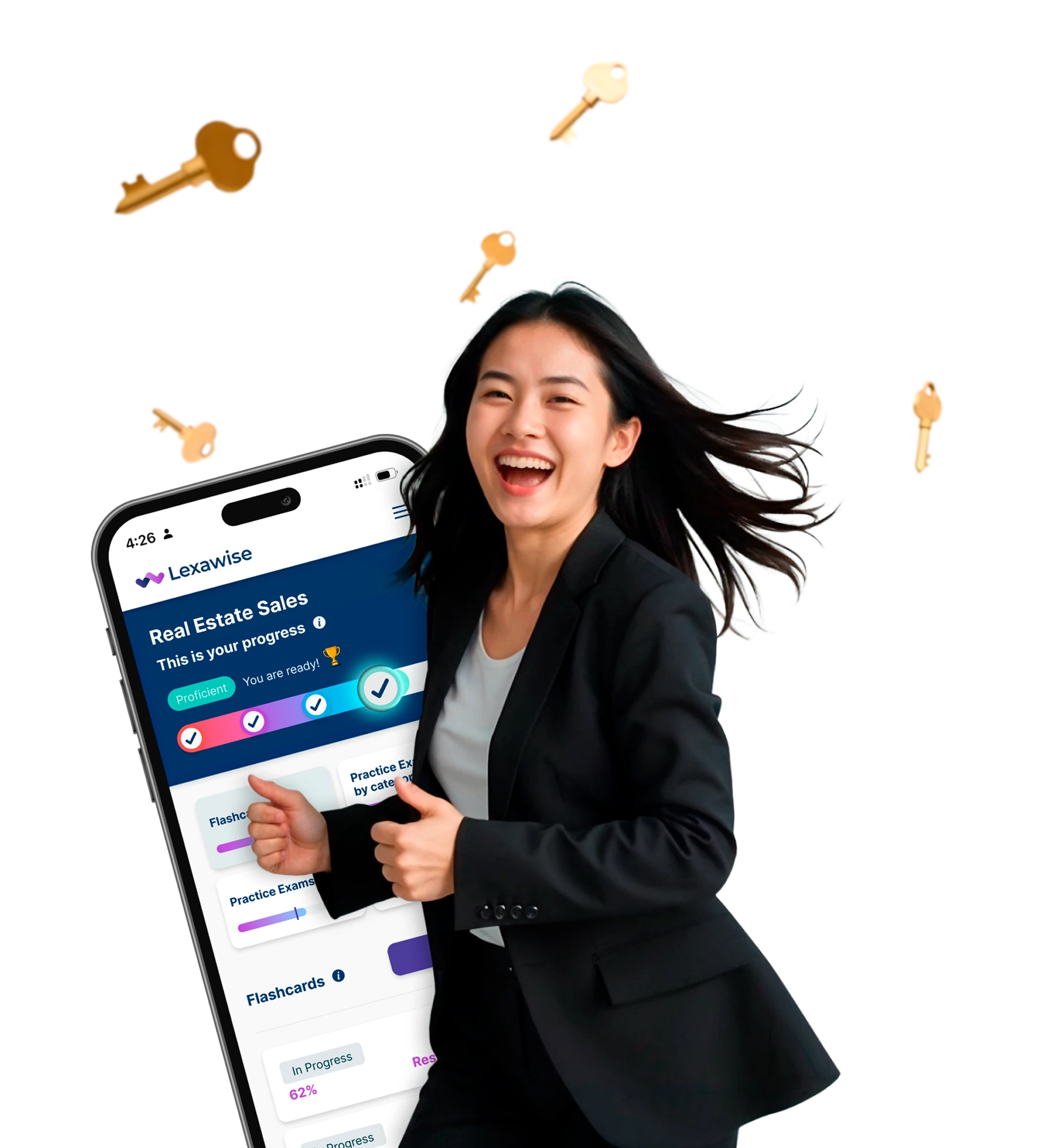 Professional reviewing real estate exam preparation materials on a tablet against a modern abstract background